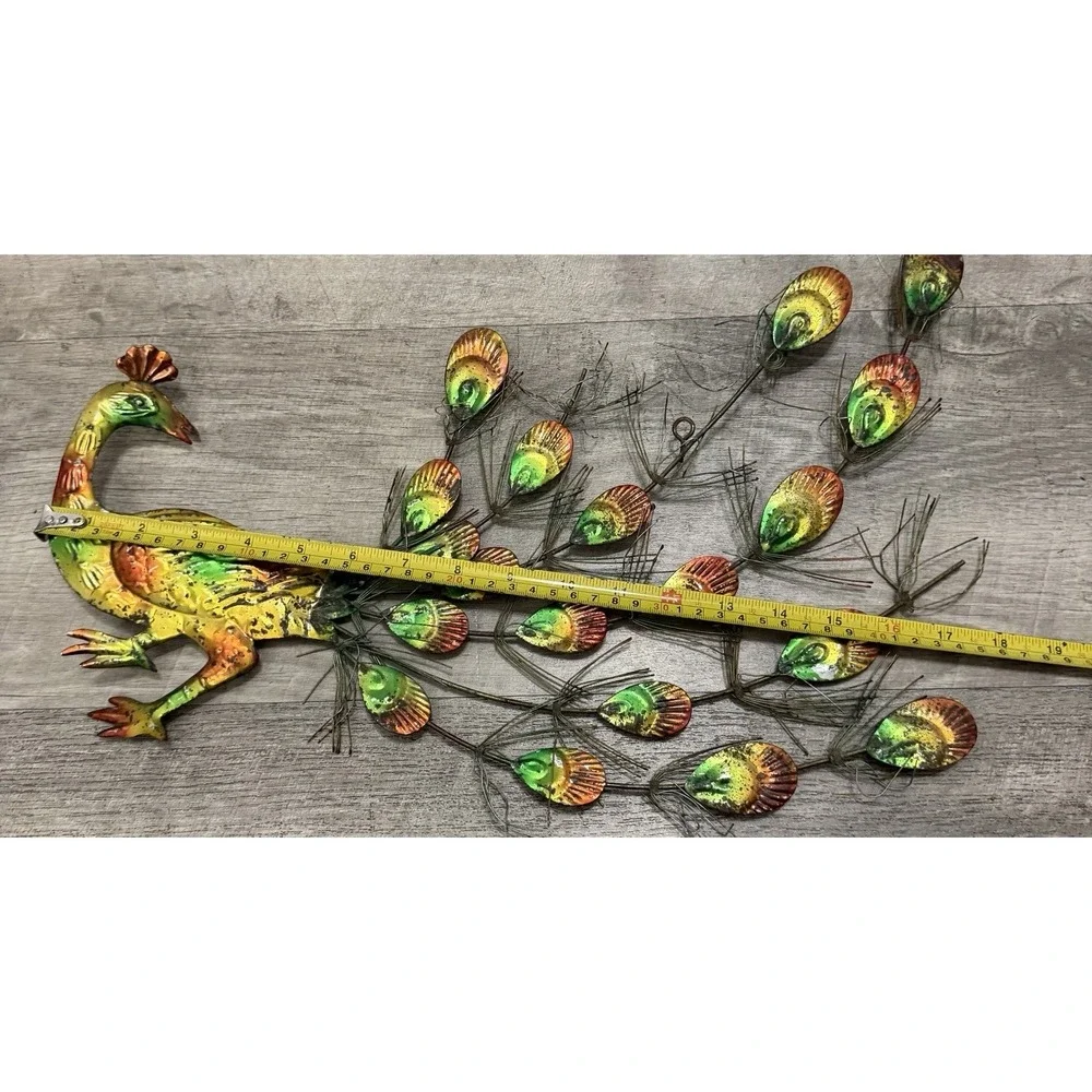 Vtg Metal Peacock Tin Wall Hanging Decor Green Orange Plaque Sign